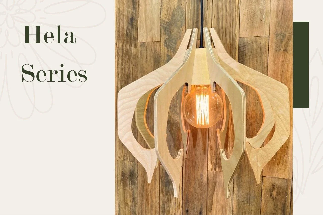 A wooden pendant light fixture with a visible filament bulb hanging from a wooden wall, part of the Hela Series.