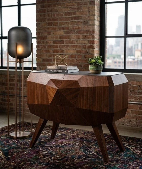 A modern wooden geometric-style sideboard with three tapered legs, sitting on a patterned area rug in front of a brick wall and large windows, with a tall floor lamp and decorative items on top.