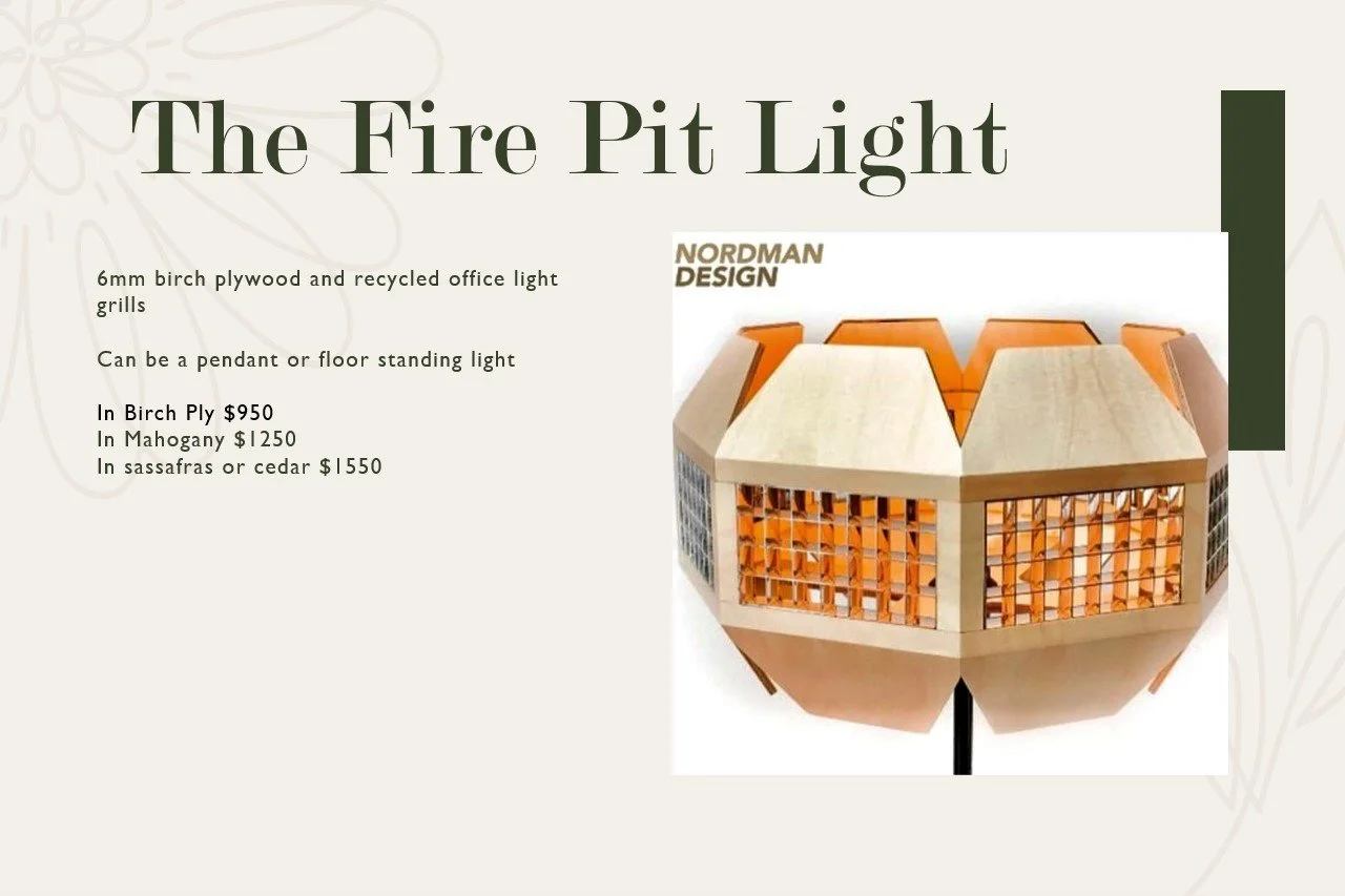 A sketch of a modern fire pit light with wood and lattice design, resembling a geometric house, made of birch plywood with an orange interior, designed for indoor or outdoor use.
