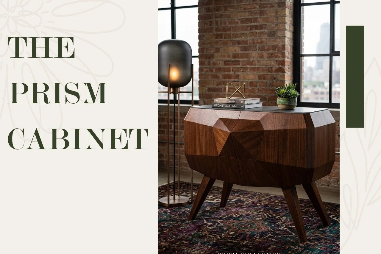 A mid-century modern prism-shaped wooden cabinet with angled geometric panels, placed on a Persian rug in front of large windows and a brick wall. Decorative items atop include books, a small sculpture, and a potted succulent plant, with a tall floor