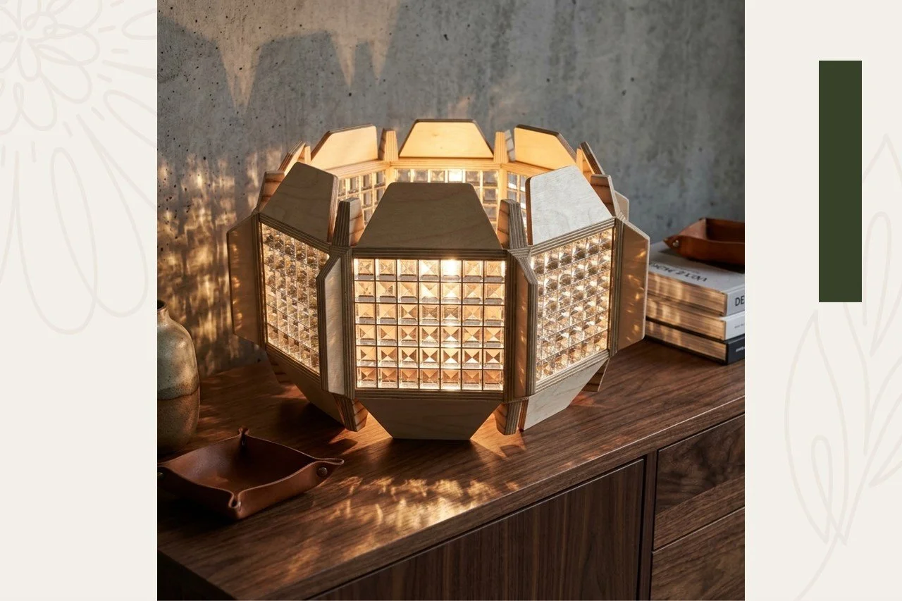 A decorative table lamp with a geometric wooden frame and glass blocks, emitting warm light, placed on a wooden surface beside a stack of books.