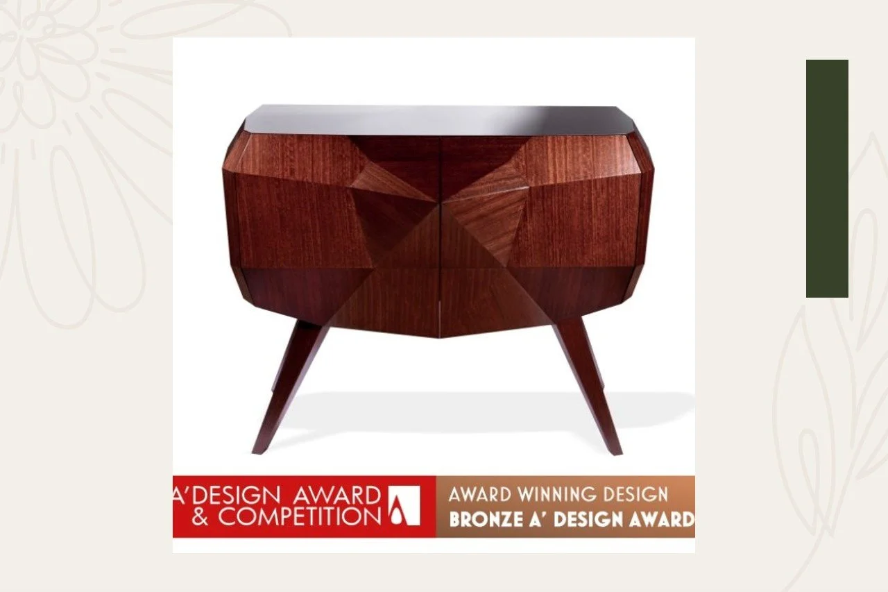 A wooden modern sideboard with a geometric design, angled legs, and a dark top surface, awarded a Bronze A' Design Award.
