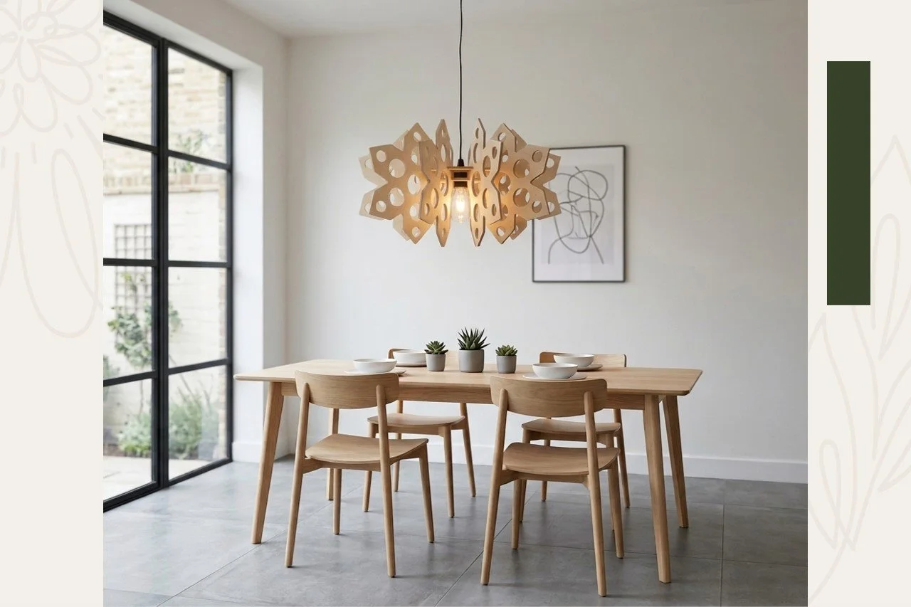 Modern dining room with wooden table, six matching chairs, white bowls, and small potted succulents. A decorative pendant light hangs above the table, and a window with black framing lets in natural light. Abstract line art is on the white wall.