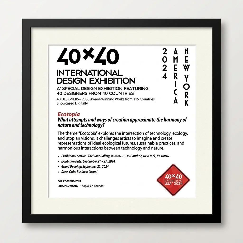 Framed poster announcing the 40x40 International Design Exhibition in New York City, 2024, featuring 40 designers from 40 countries, focusing on ecology and technology, with exhibition details and curator information.
