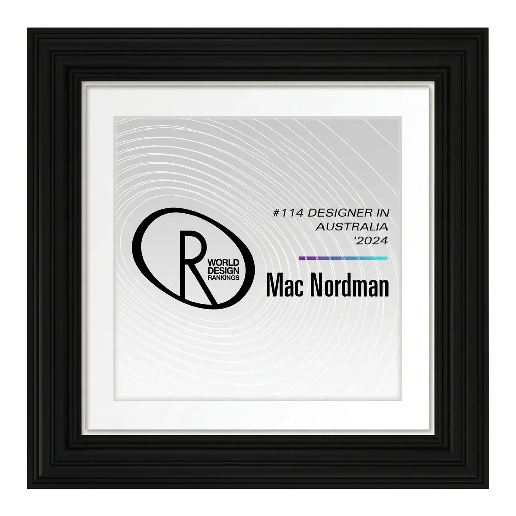 A framed certificate or award with the 2024 World Design Rankings logo, indicating Mac Nordman is ranked #114 as a designer in Australia.