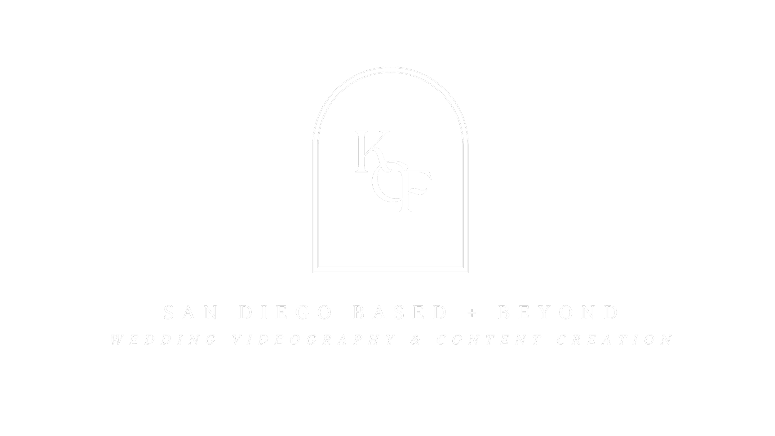 Black background with a white outlined arch and the initials KCF inside it. Below, the text reads "San Diego Based + Beyond" and "Wedding Videography & Content Creation" in white.