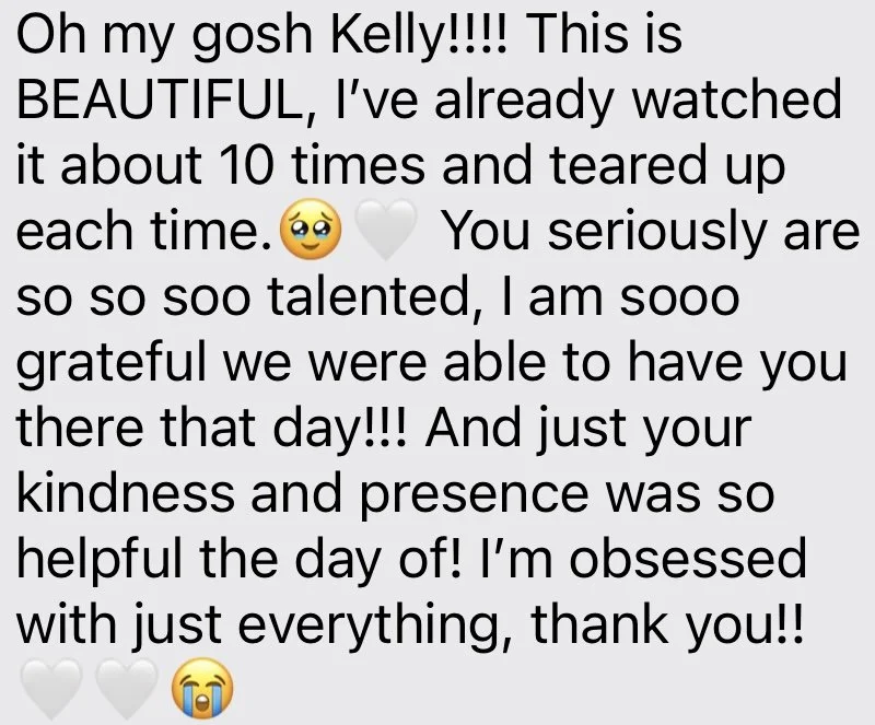 A screenshot of a text message expressing admiration and gratitude for Kelly, highlighting their talent and kindness, and mentioning tears from watching a video multiple times.