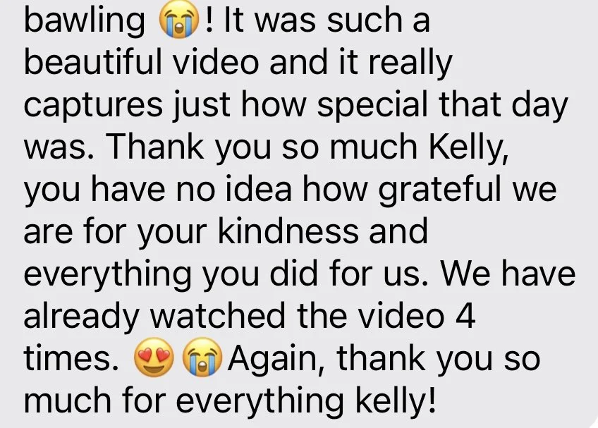 Screenshot of a text message expressing gratitude and emotional reaction to a video, mentioning watching it four times and thanking Kelly for her kindness.