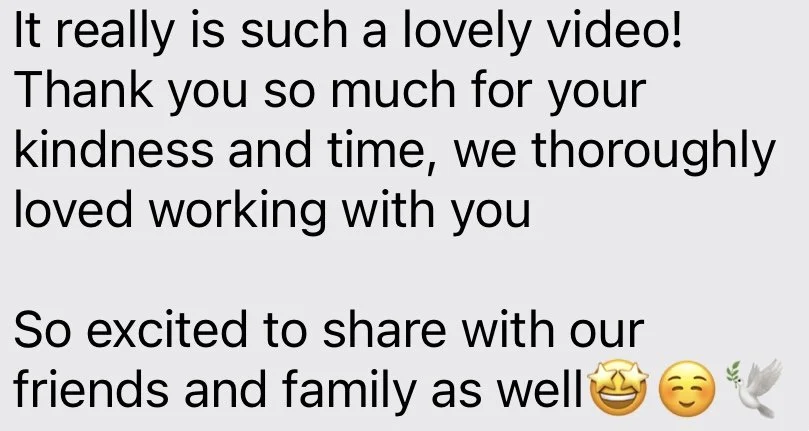 Screenshot of a message expressing gratitude and excitement about a video, thanking someone for their kindness and sharing emojis of a laughing face, smiling face, and white dove.