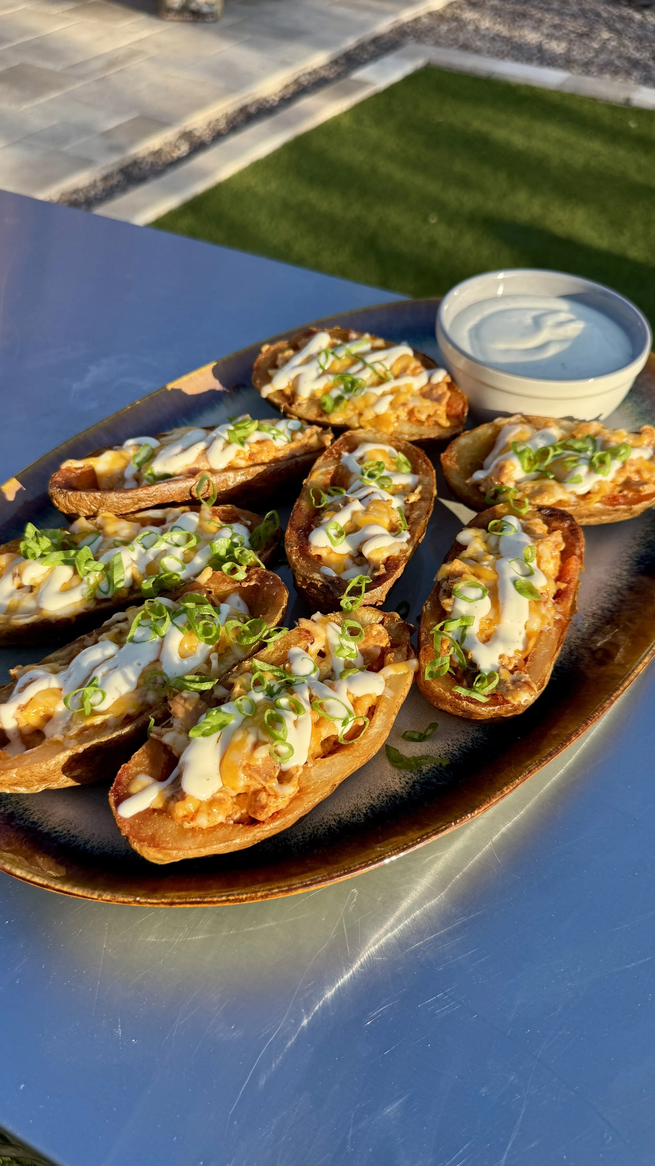 Smoked Buffalo Chicken Potato Skins