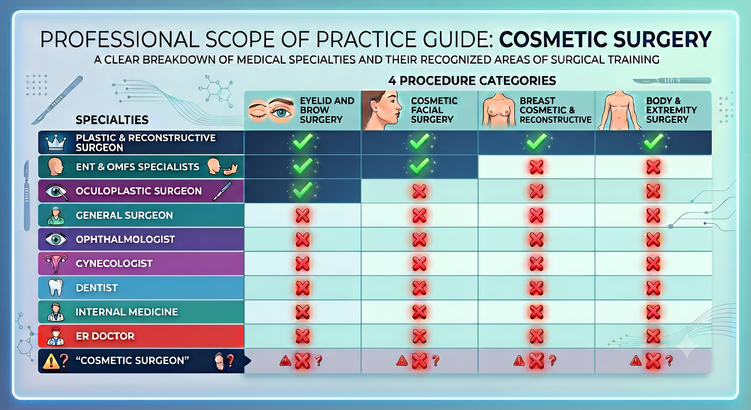 Infographic showing the professional scope of practice matrix for cosmetic surgery by medical specialty