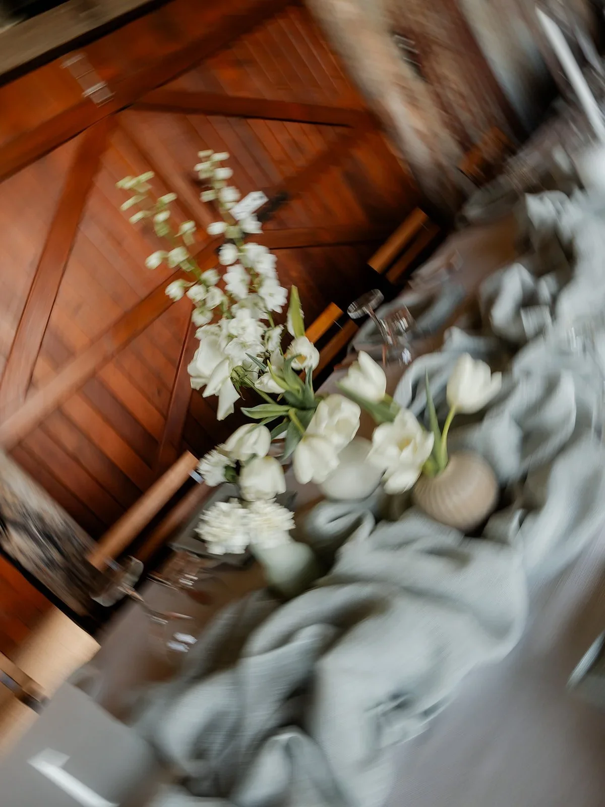White floral table setting detail at the Yandina Station reception — Sean Reefman Photography