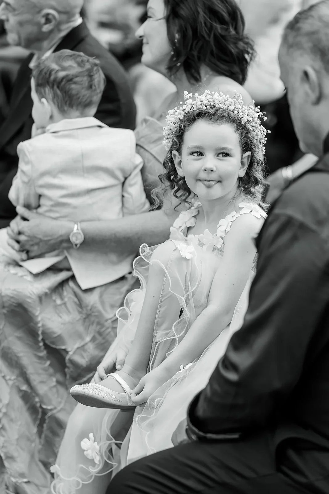 Flower girl portrait in black and white during the ceremony — Sean Reefman Photography
