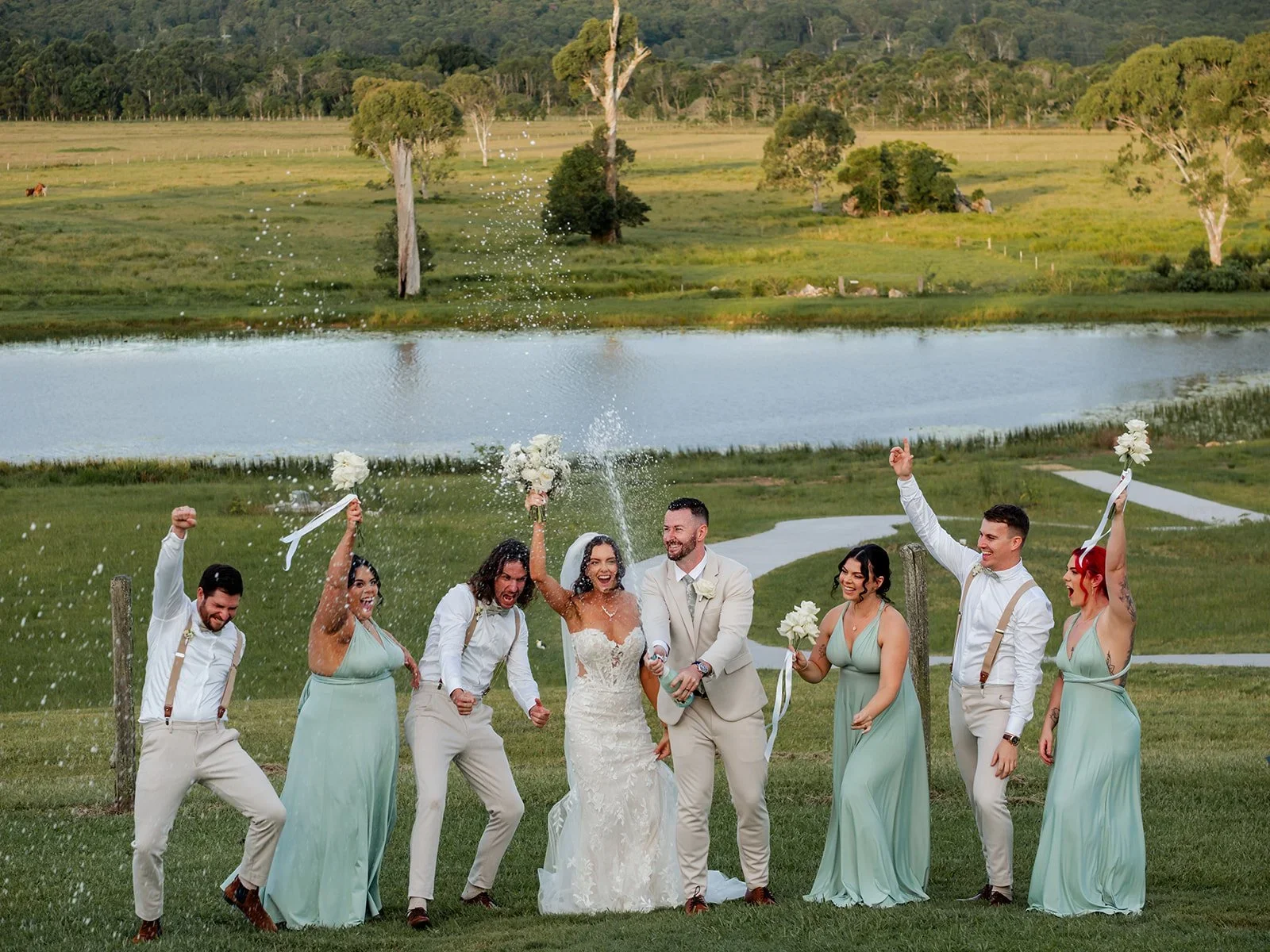 Wide aerial view of the bridal party posed on the lawn — Sean Reefman Photography