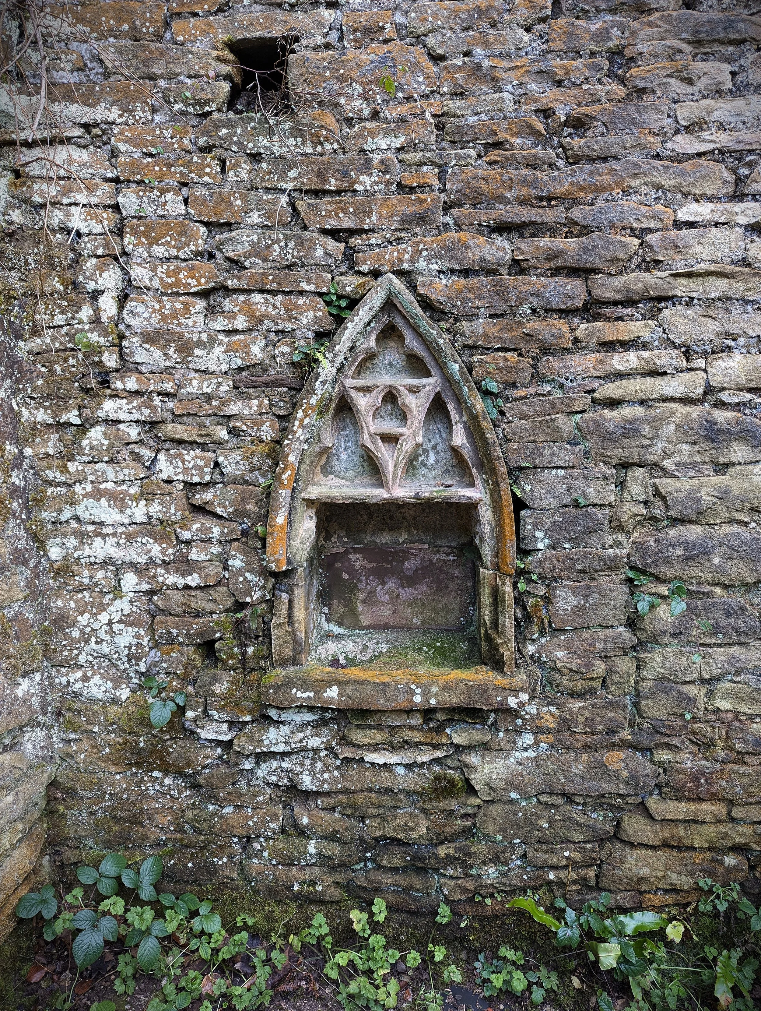 Old stone wall with a small arched decorative niche and an empty shelf, surrounded by moss, ivy, and other plants.