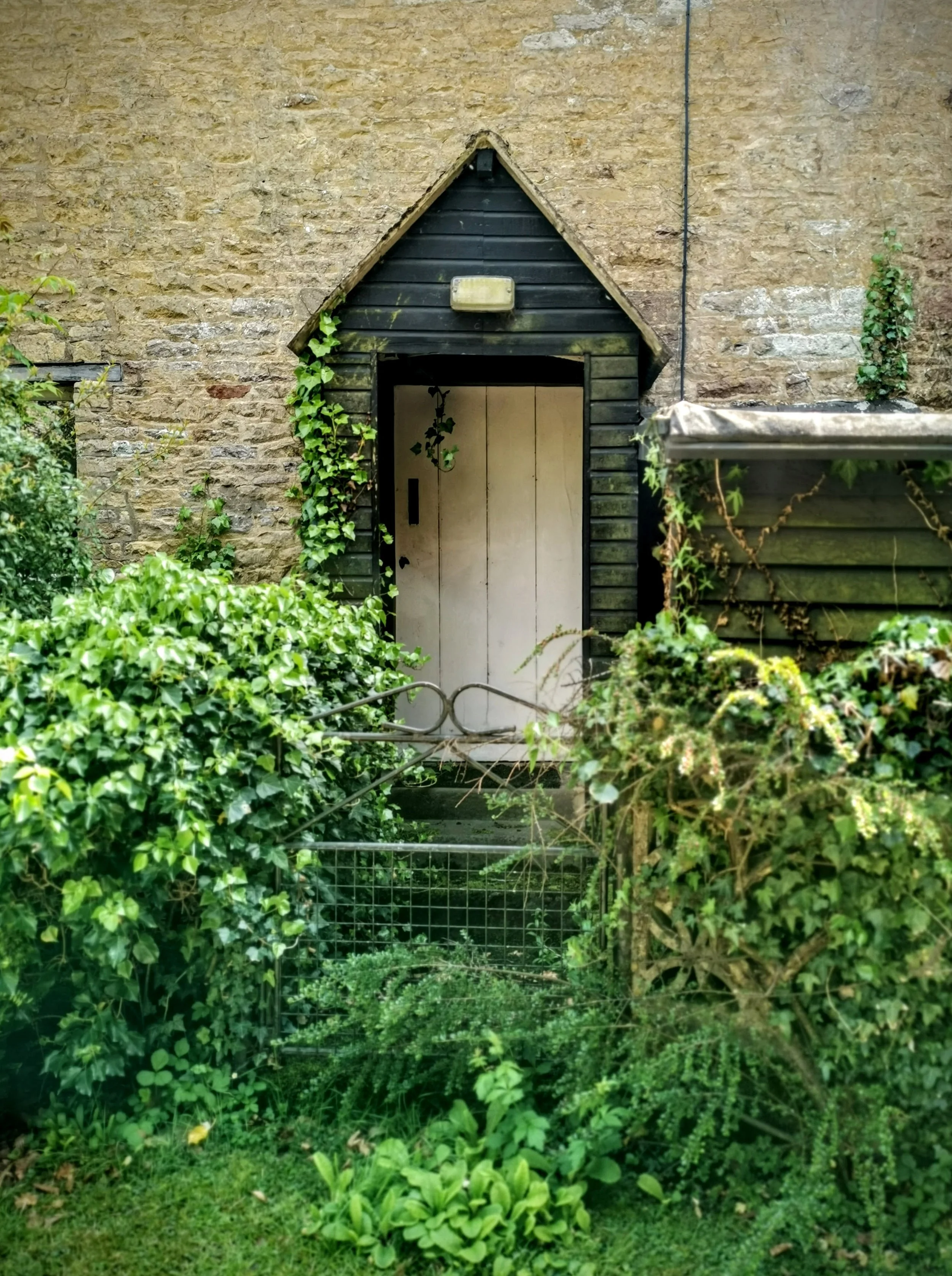 Front door allowed to be reclaimed by nature, Clapton-on-theHill, Cotswolds