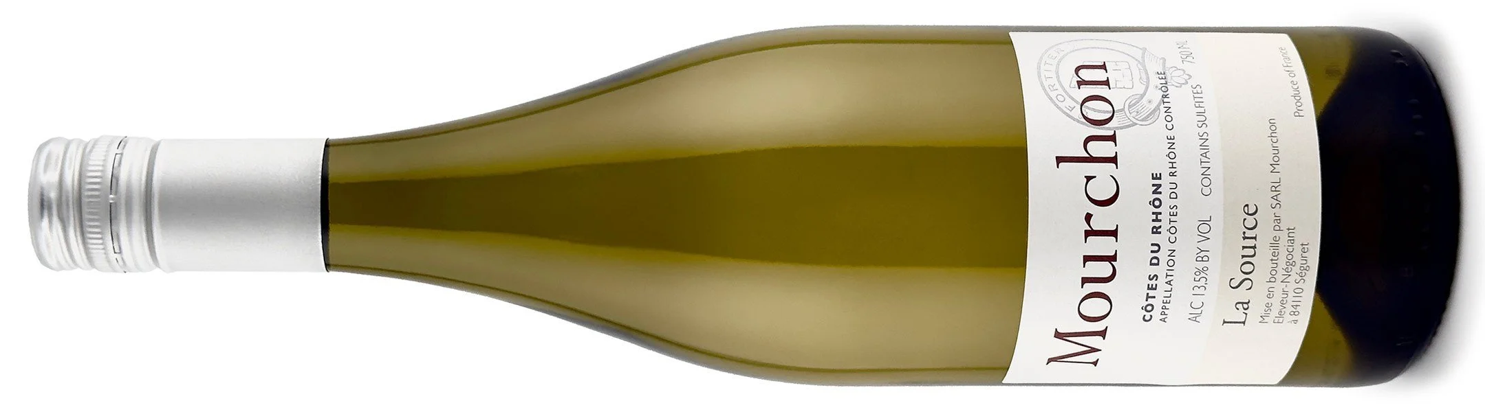 A white wine bottle lying on its side with a white cap and a white label. The label displays the name "Montron" and indicates it is a Rhône white wine from the La Source vineyard.