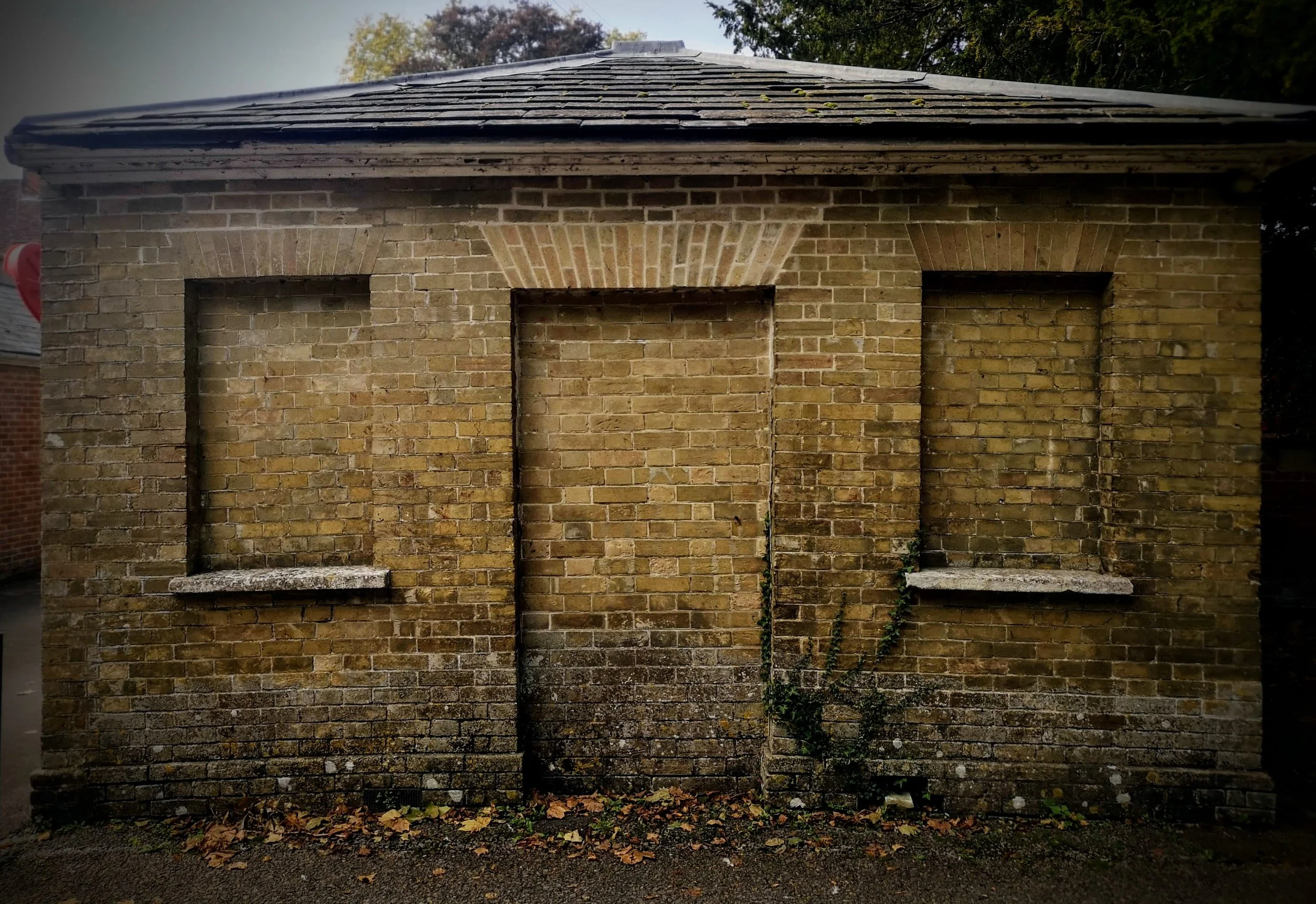 An old brick building with two boarded-up windows and a boarded-up central door, all with brick surrounds, and some ivy and fallen leaves at the base.