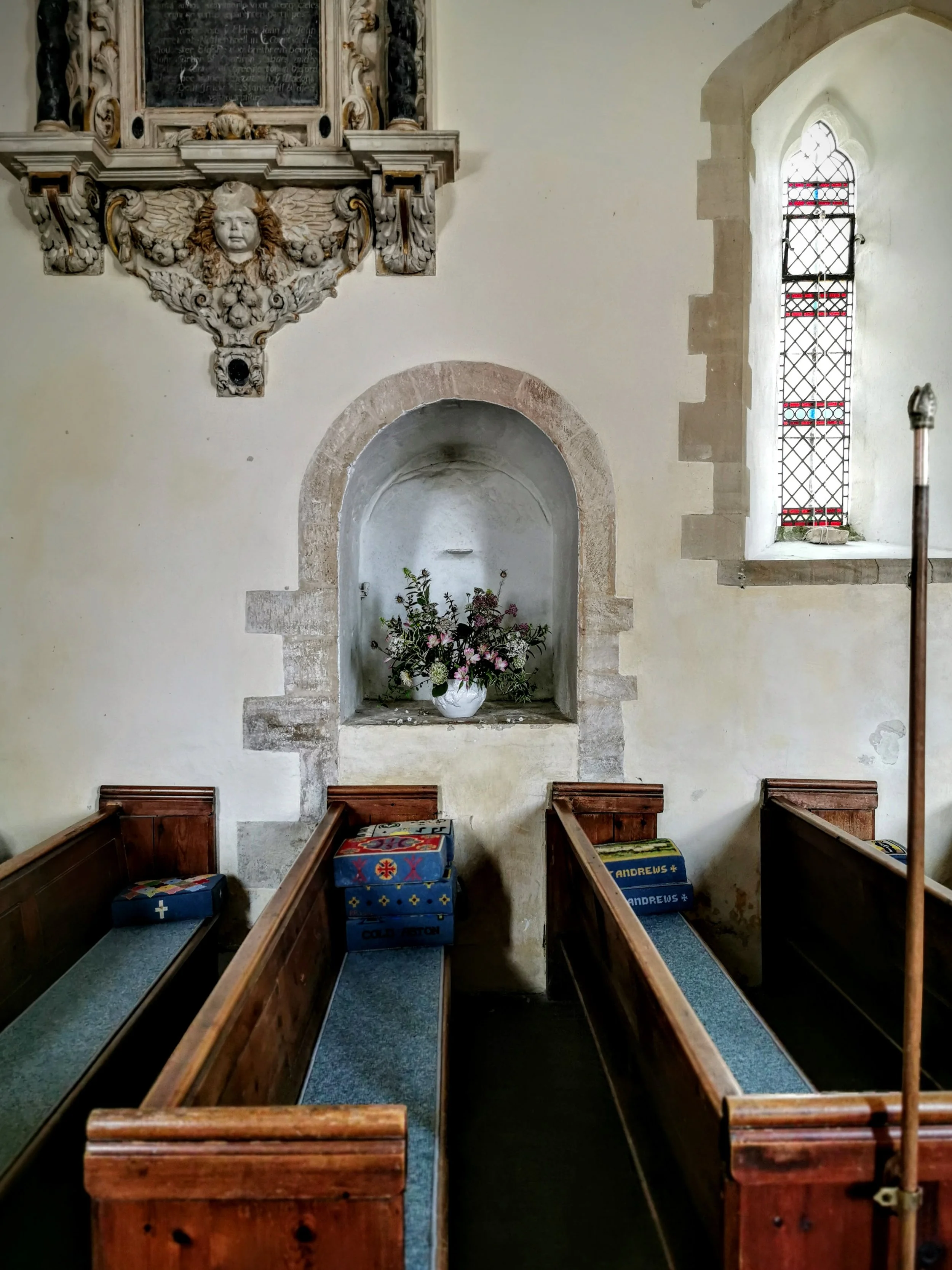 inside blocked door of St Andrew's Church, Cold Aston