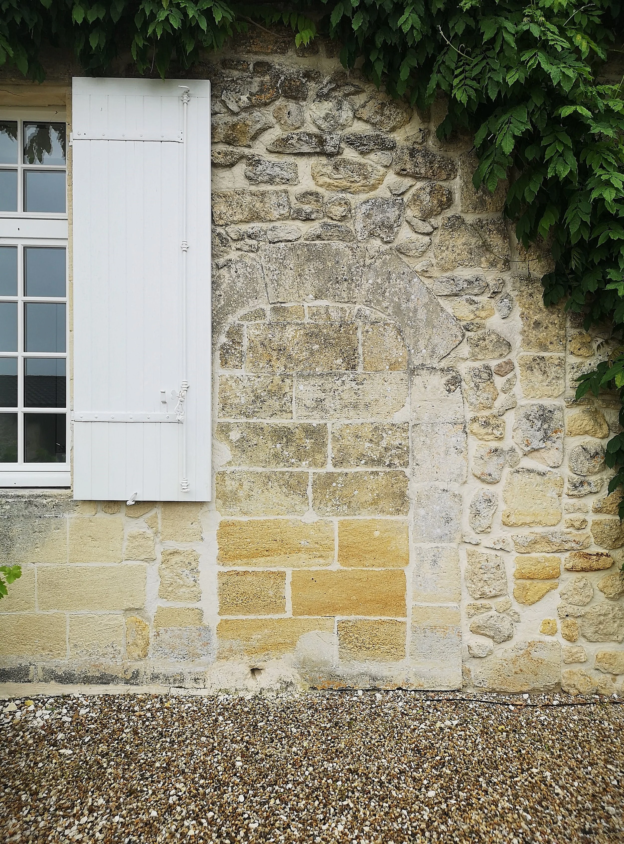 Close-up of a stone wall with a window and white wooden shutter on the left, and green vines growing on the top right.