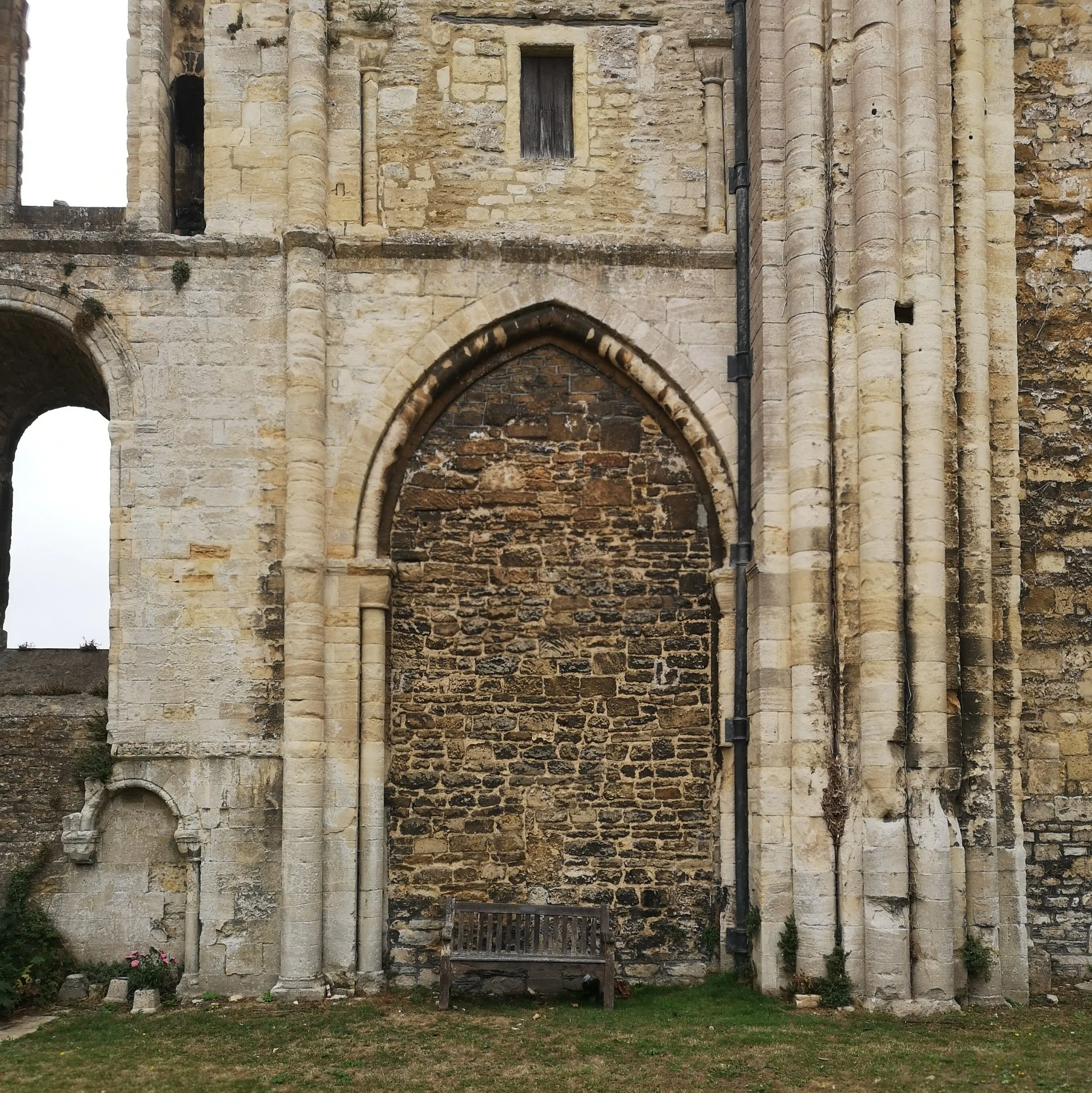 Historical stone building wall with arched window or door opening, with a wooden bench beneath it, and small plants and flowers at the base.
