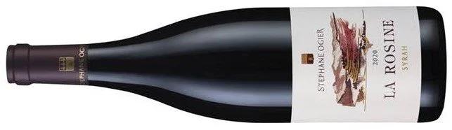 A bottle of La Rosine Syrah wine by Stephane Ogier, baby Cote-Rotie