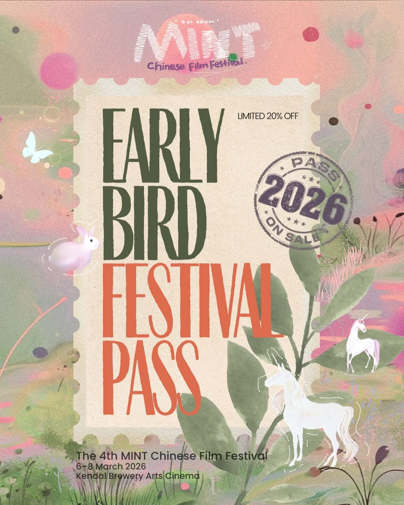 🎬✨Early Bird Festival Passes are live now! Another chance to have a special cinematic journey with an exceptional value!
 
🦄The 2026 MINT Chinese Film Festival, taking place from 6&ndash;8 March 2026 in Kendal, brings together bold films, inspiring