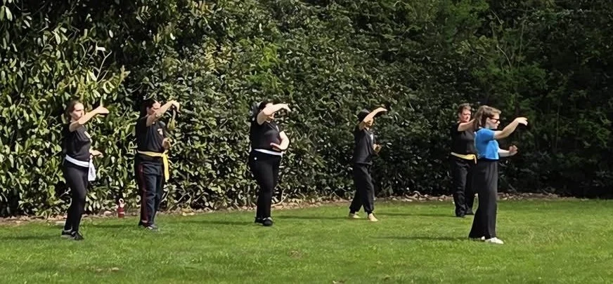 Group of six women practicing martial arts outdoors on grass, with dense green bushes in the background.