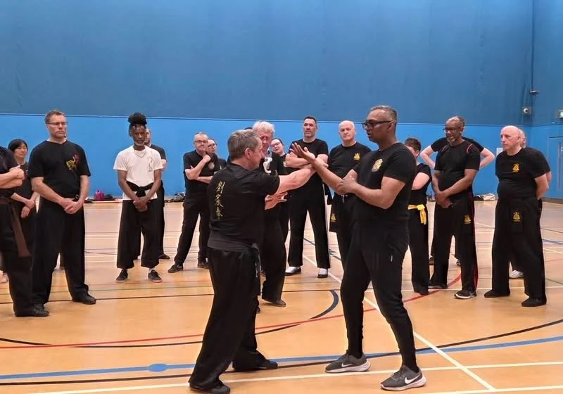 Group of martial artists practicing in a gym, with an instructor demonstrating a technique to a student in the center.
