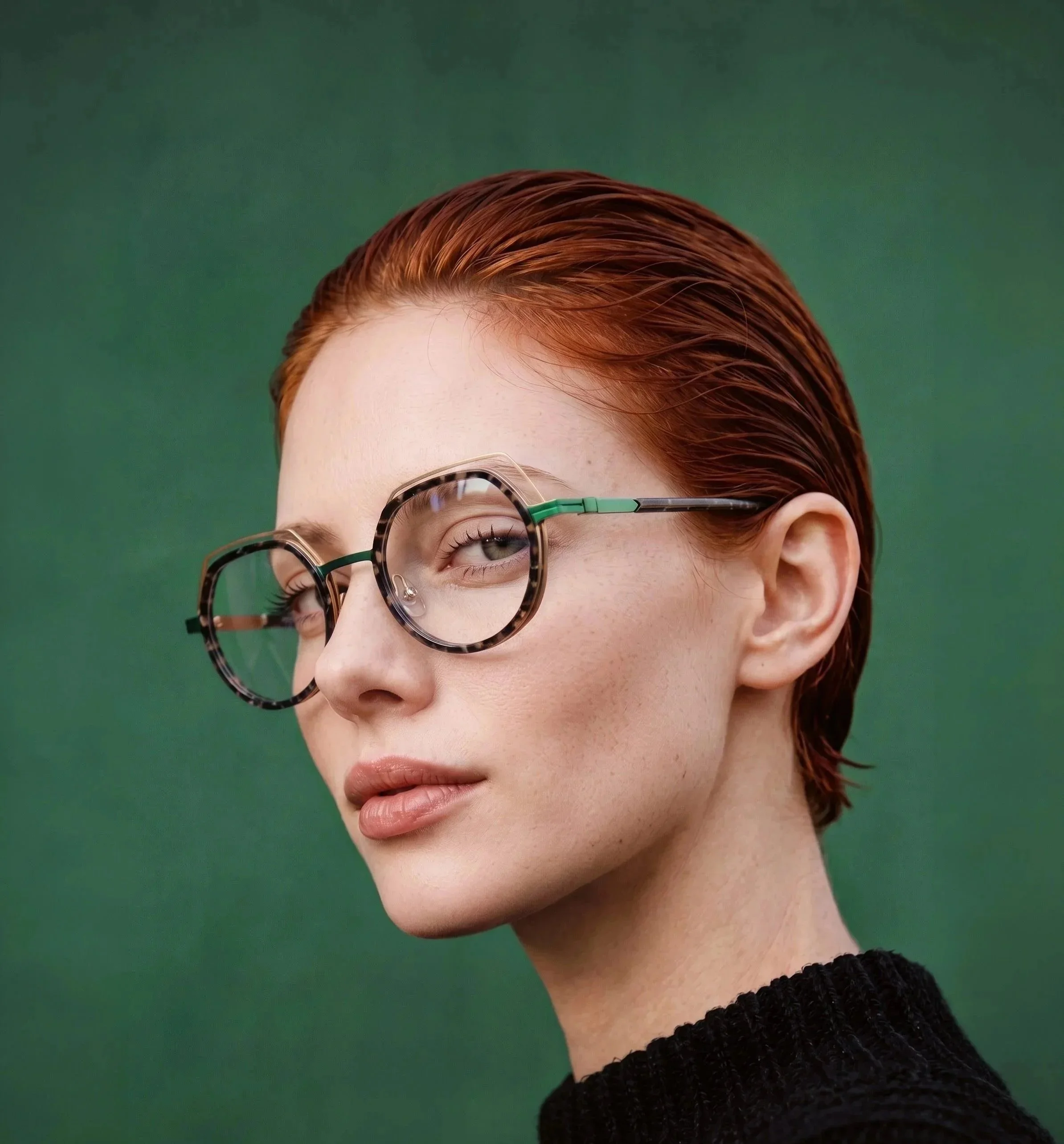 Een vrouw met rood haar en een bril van J.F. Rey voor een groene achtergrond.