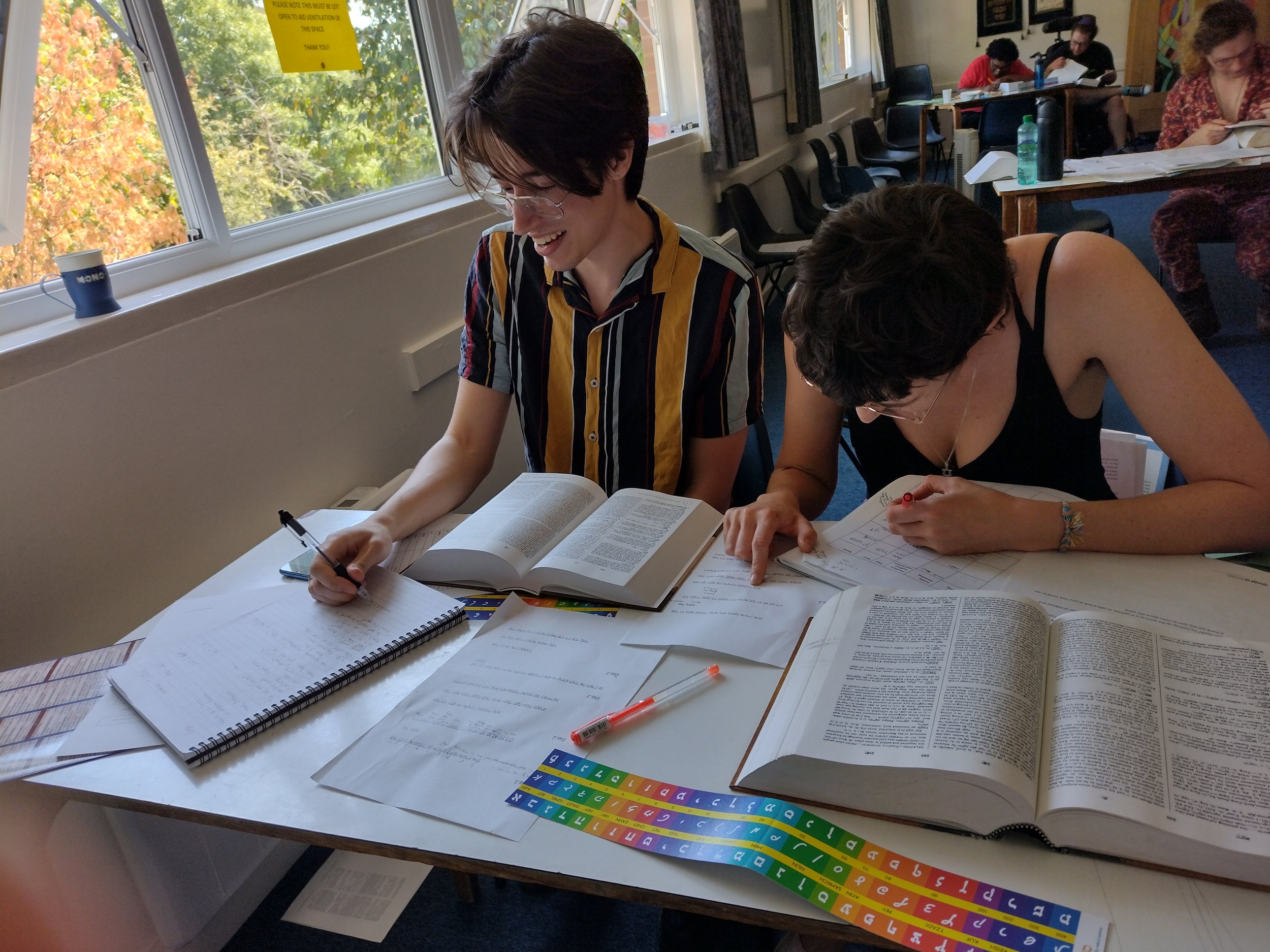 Two students are finding a word in their dictionaries. They are smiling and looking happy.