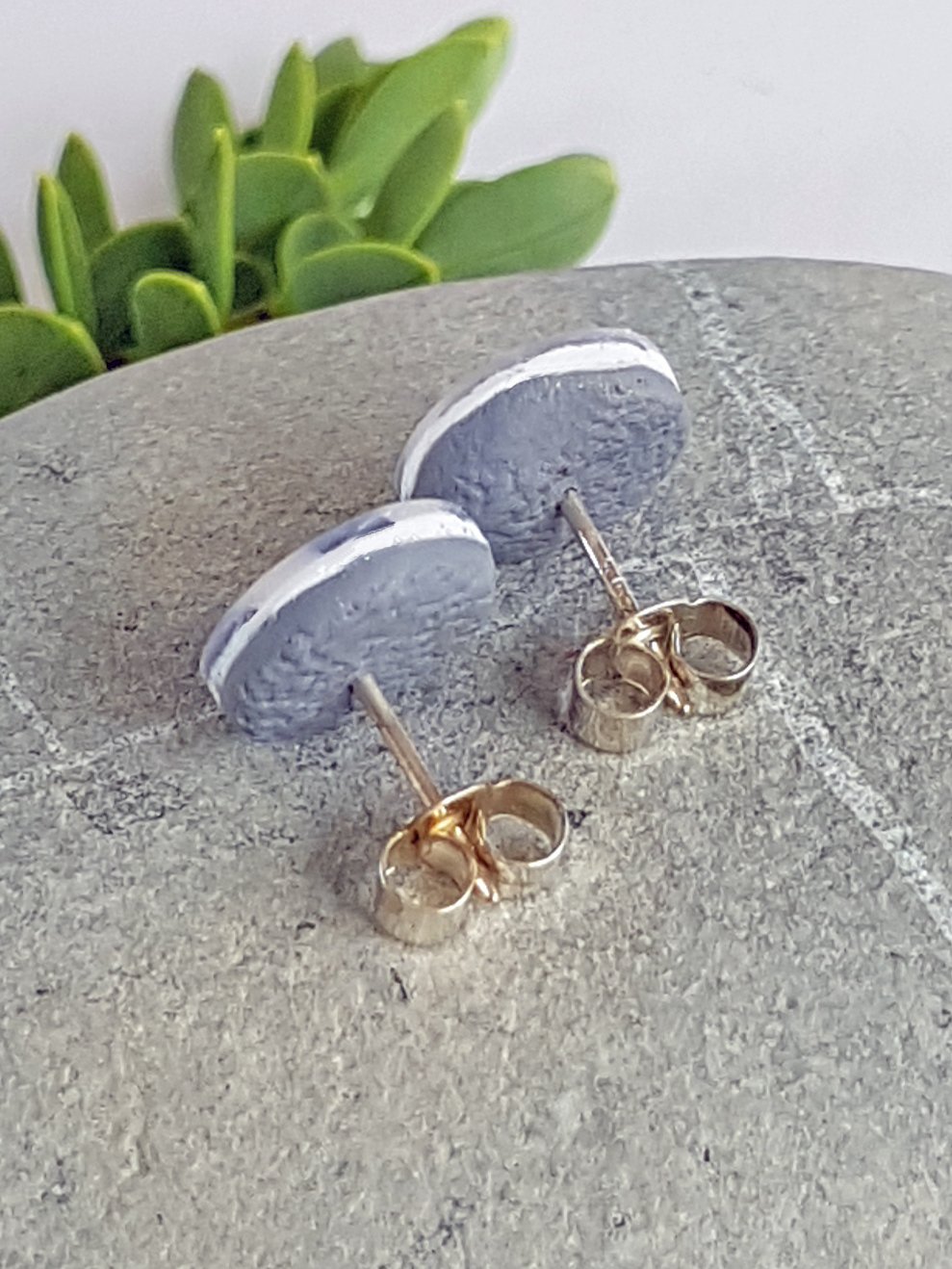 Chevron Stripe stud backs feature textured grey polymer clay and sterling silver posts and scrolls.