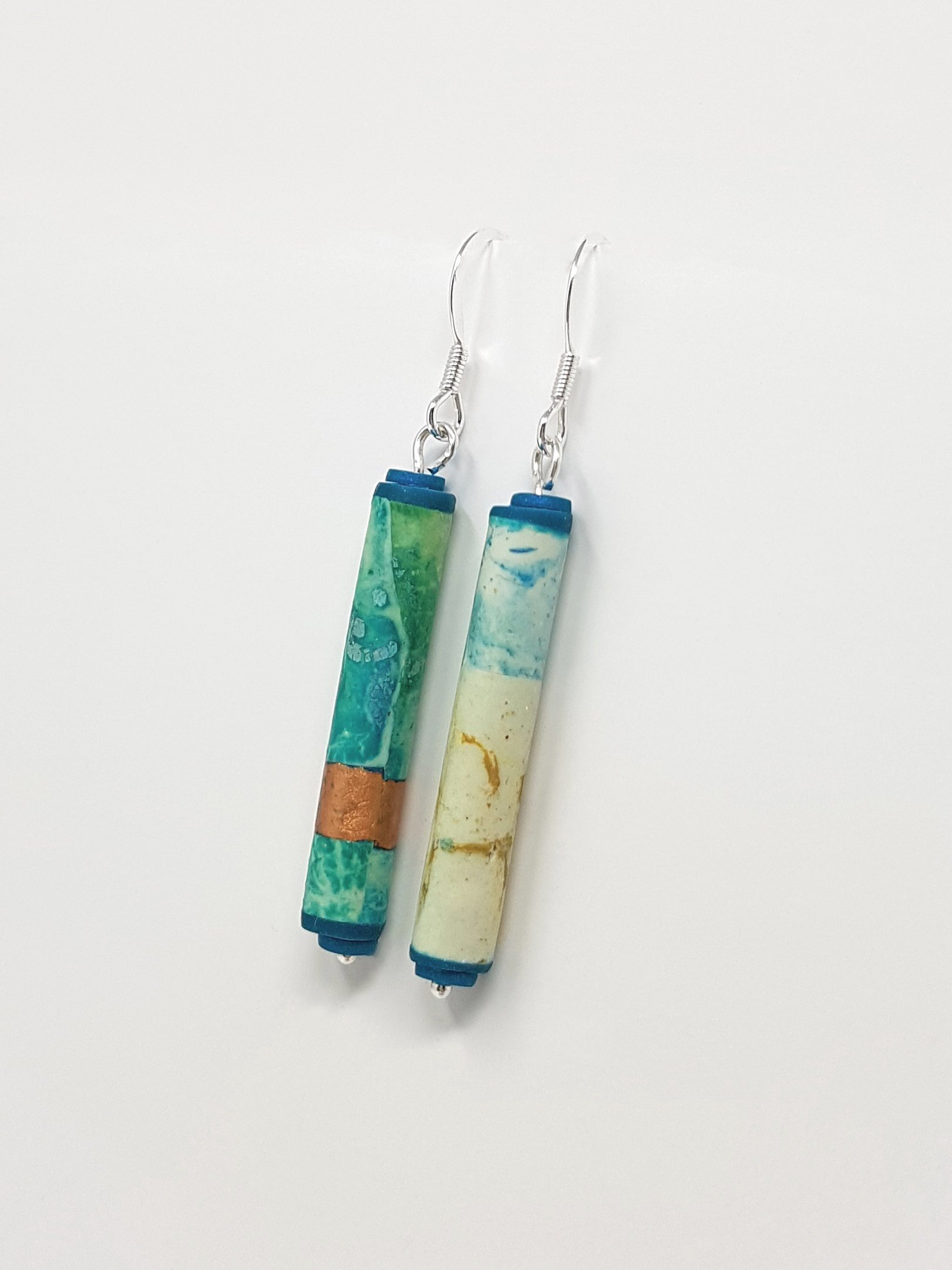 Turquoise, cream, teal sealed tube bead earrings, 5mm diameter, 52mm drop, sterling silver ear wires.