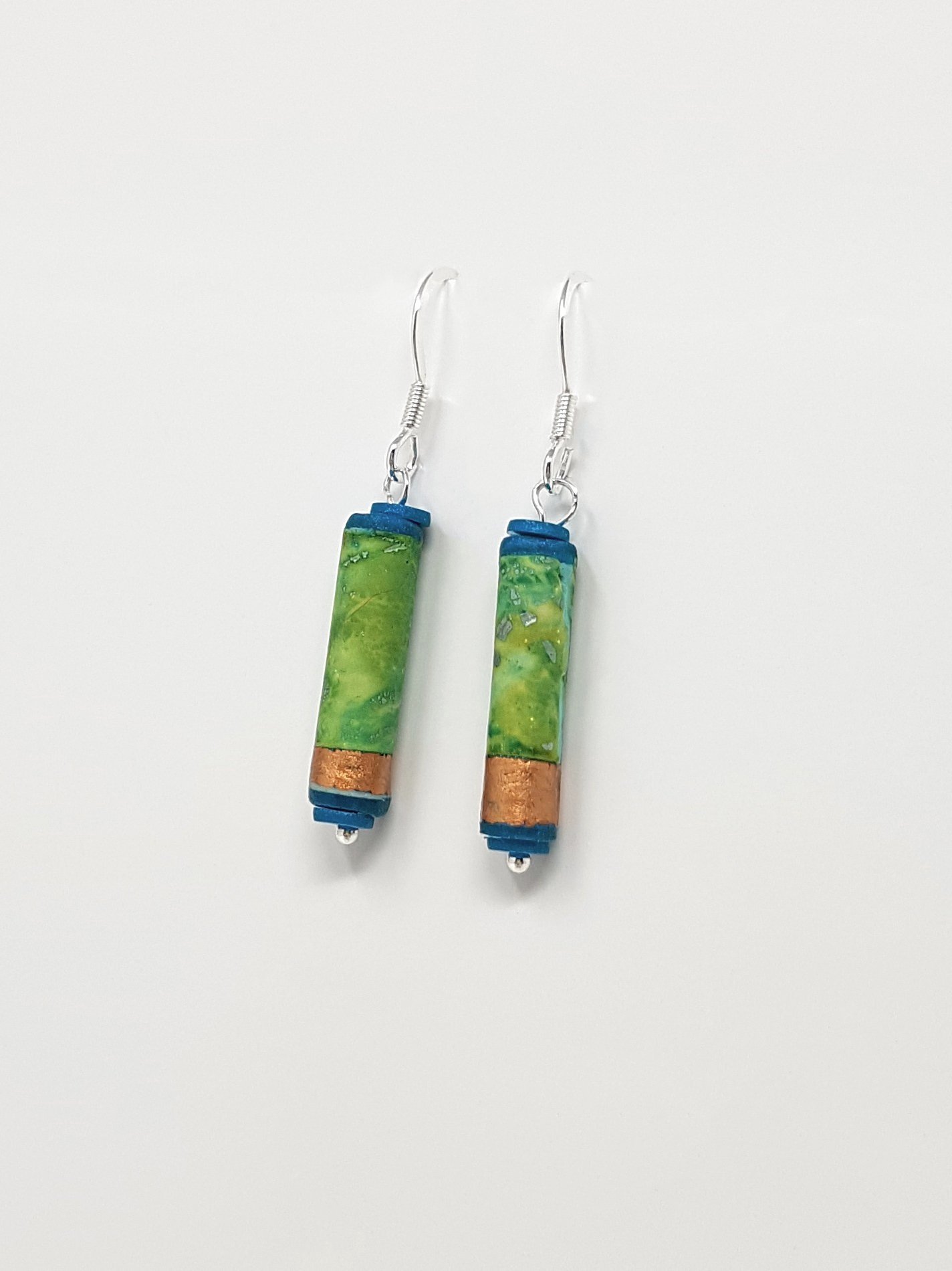 Turquoise, green, blue sealed tube style earrings, 4mm diameter, 41mm drop, sterling silver ear wires.