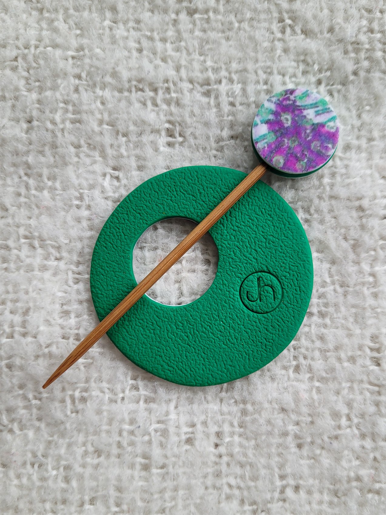 The back of Sprig Green Shawl Pin 2 is a lightly textured leaf green stamped with my makers mark.