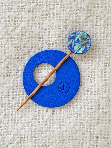 The back of Sprig Blue Shawl Pin is a lightly textured cobalt blue stamped with my makers mark.