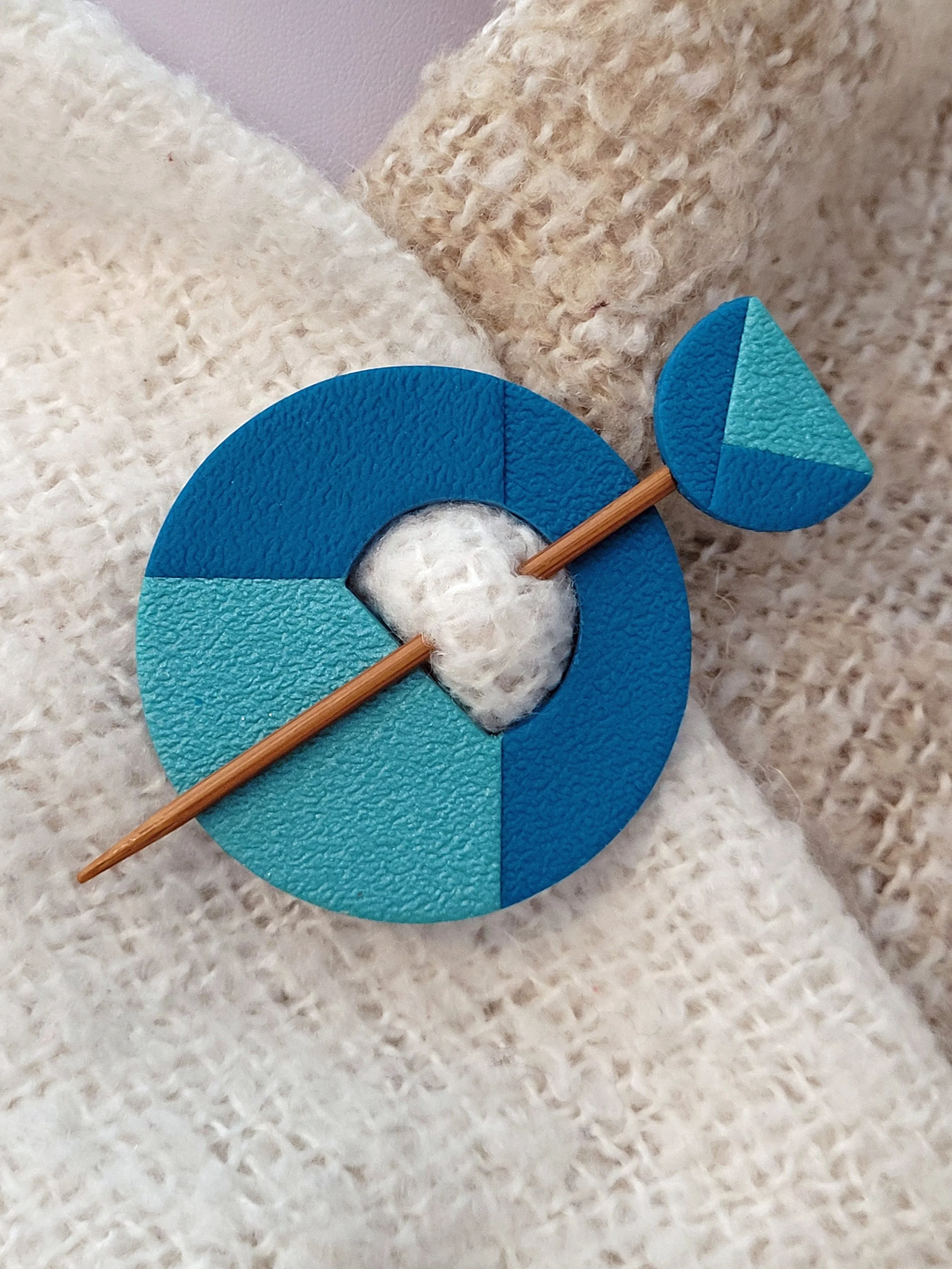 Teal Two Tone pin used on a shawl.