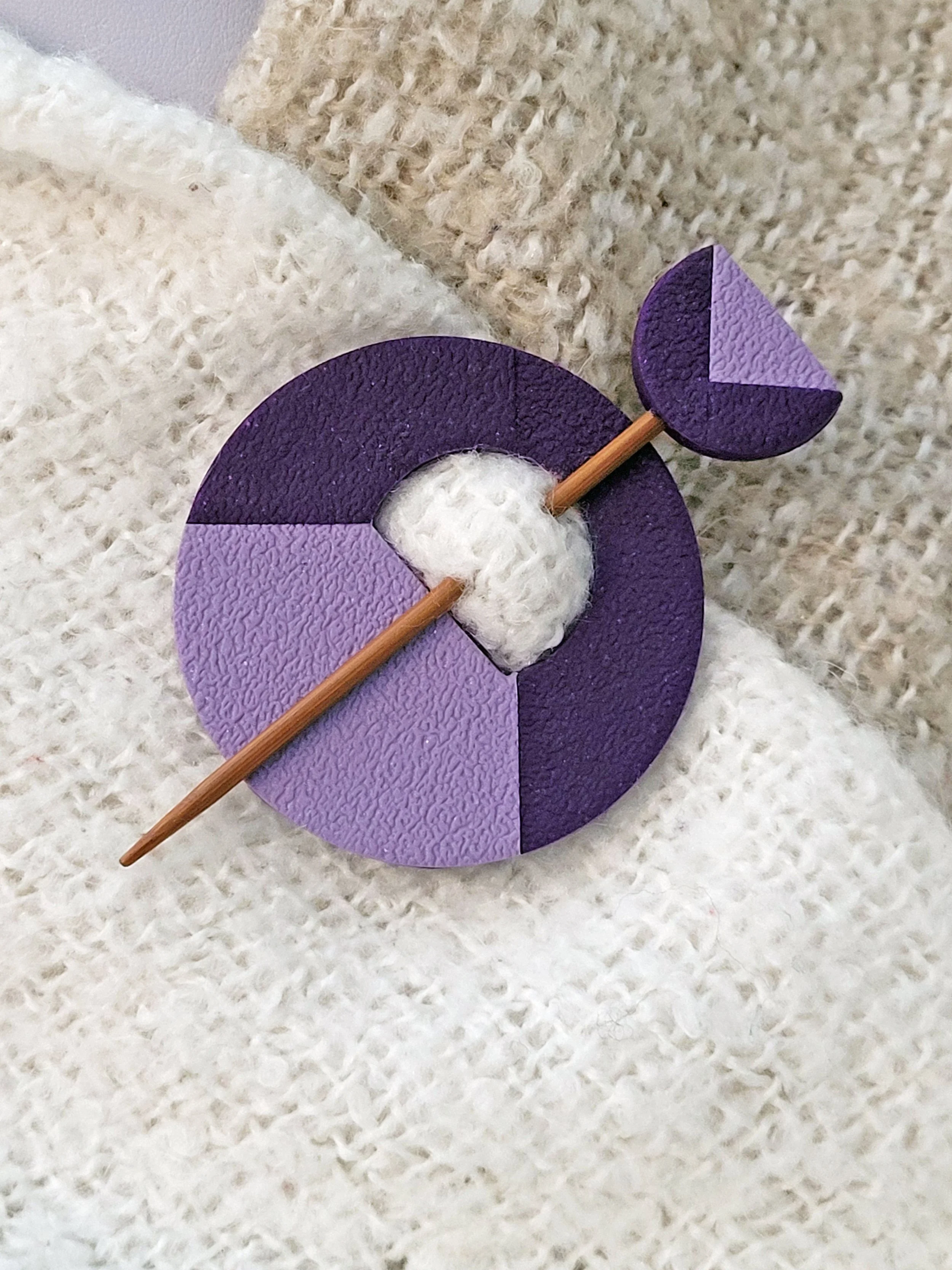 Purple Two Tone pin used on a shawl.