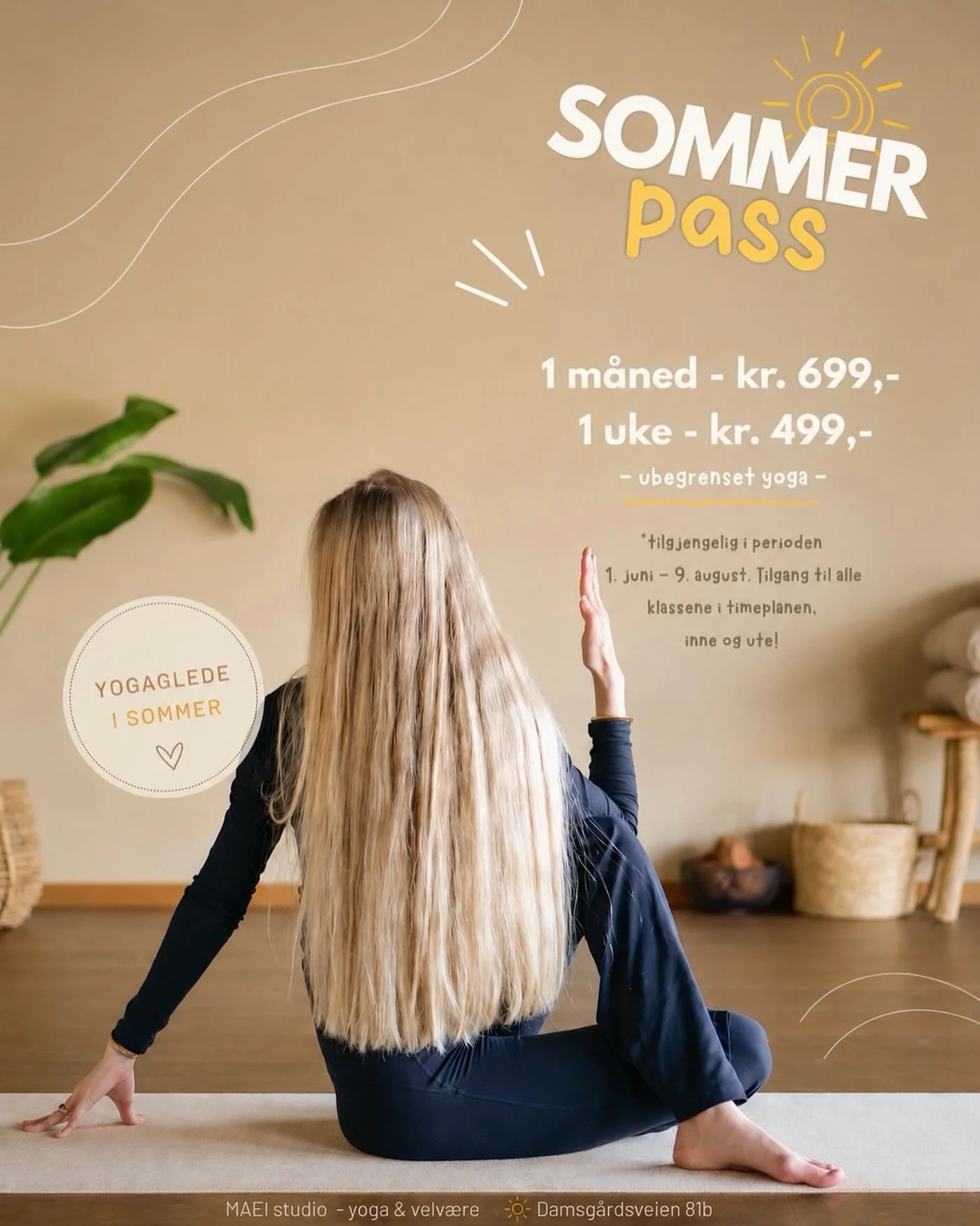Vi har sommerkampanje i perioden 1. juni - 9. august 🌞
I denne perioden kan du booke: 
1 m&aring;ned - kr. 699,- 
1 uke - kr. 499,- 
Delta p&aring; alle klassene du &oslash;nsker, b&aring;de inne i studio og ute p&aring; bryggekanten. Oversikten fin