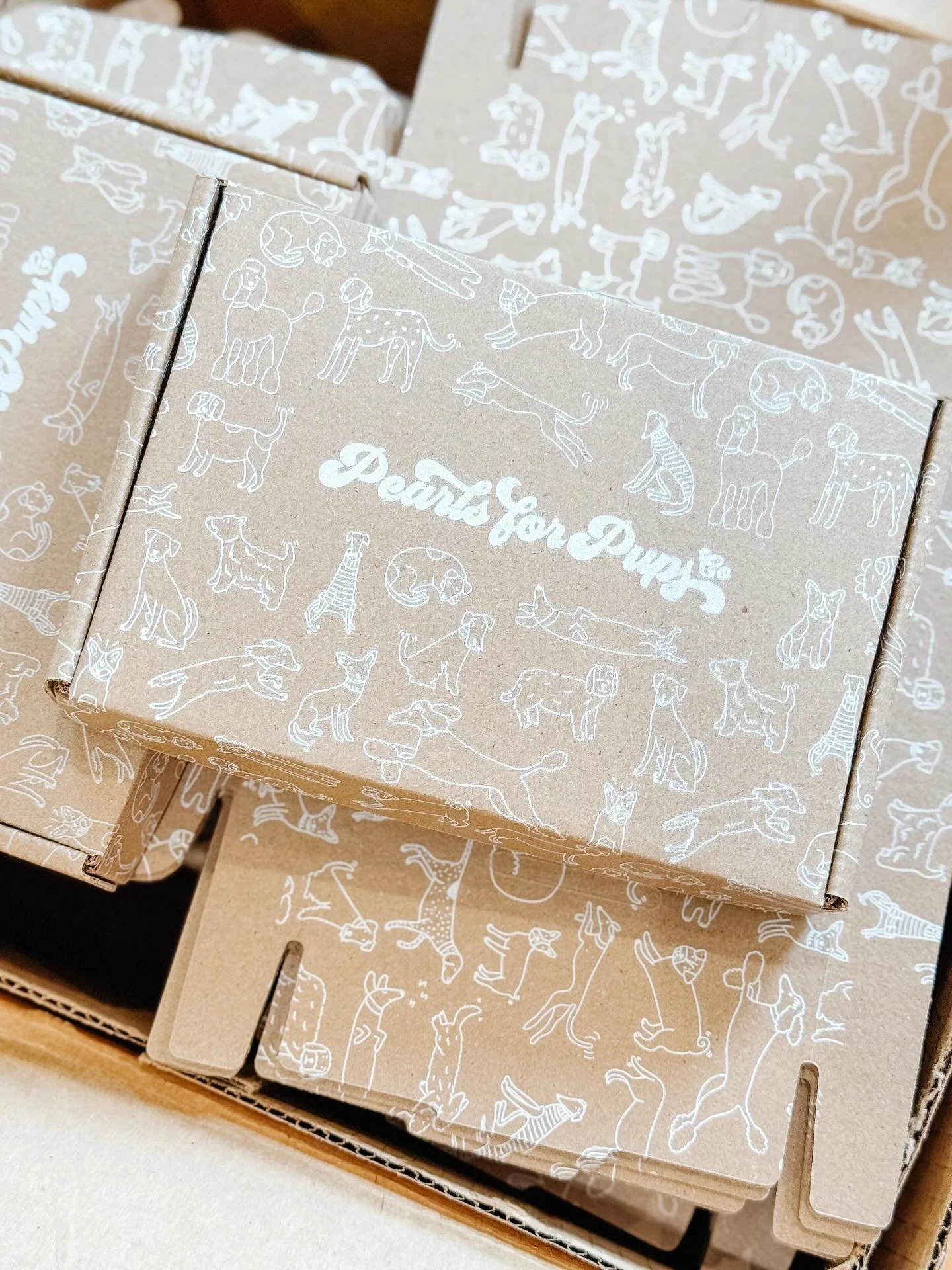 ✨ Bringing back the white on kraft for @pearlsforpupsco&rsquo;s boxes! These dogs are 🤌

#packaging #nonprofit #nonprofitdesign #pearlsforpups #pearlsforpupsco #pattern #whiteink #whiteonkraft #kraftpackaging #dogpattern #dogdesign