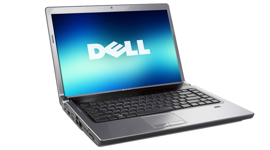 Silver Dell laptop with open screen displaying the Dell logo on blue background.