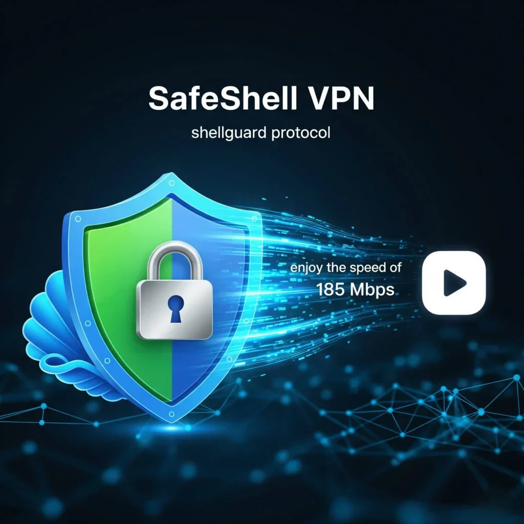 SafeShell VPN with a shield icon, speed of 185 Mbps, and a play button.