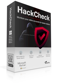 A software box titled 'HackCheck' with a dark background, a hooded figure, and a shield logo, indicating antivirus or security monitoring software.