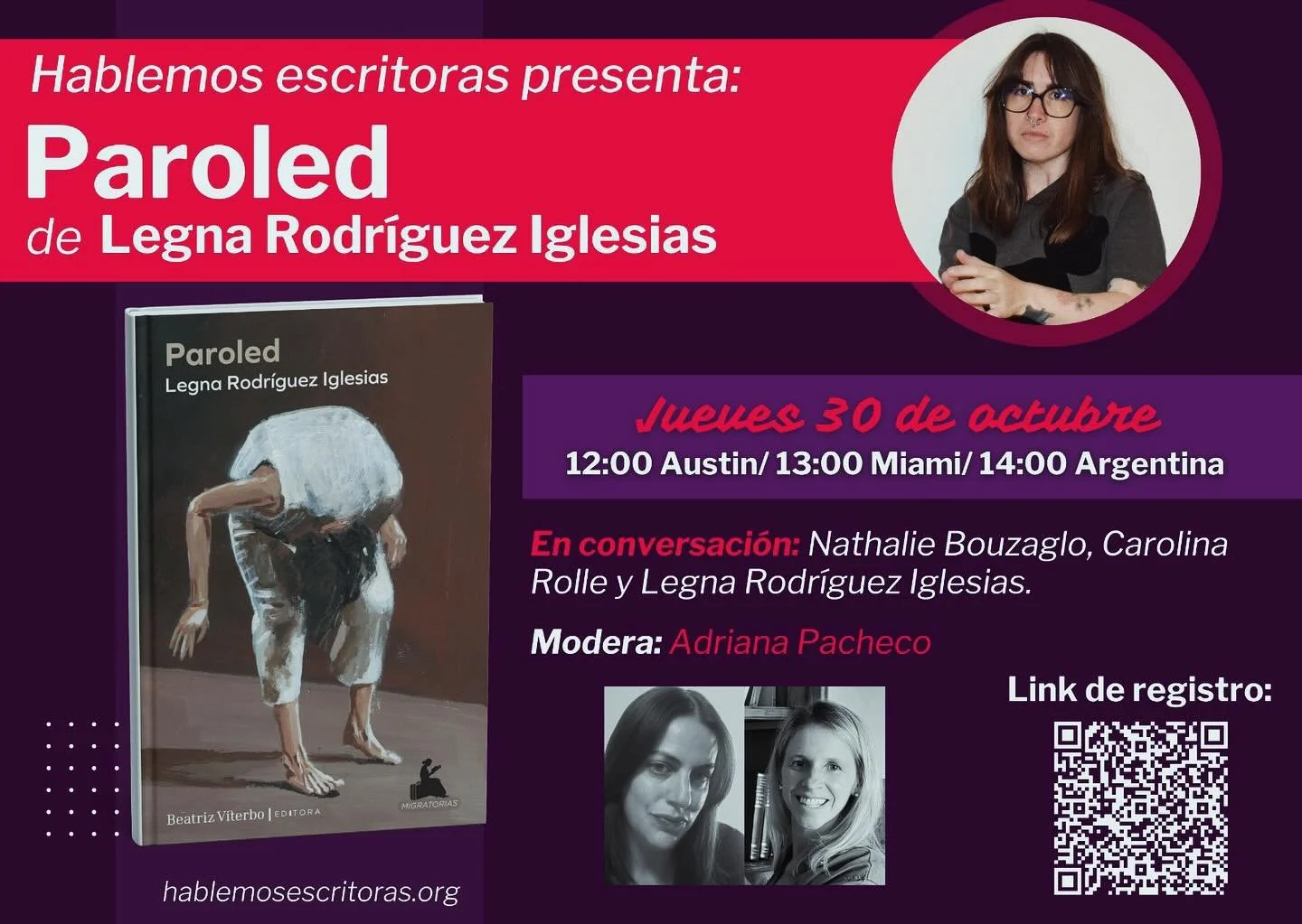¿Qué voy a hacer mañana en la tarde desde dondequiera que esté? Disfrutarme esta presentación fabulosa con @_legnarodrigueziglesias y su nueva novela PAROLED, en conversación con @nathalie_bouzaglo y #carolin