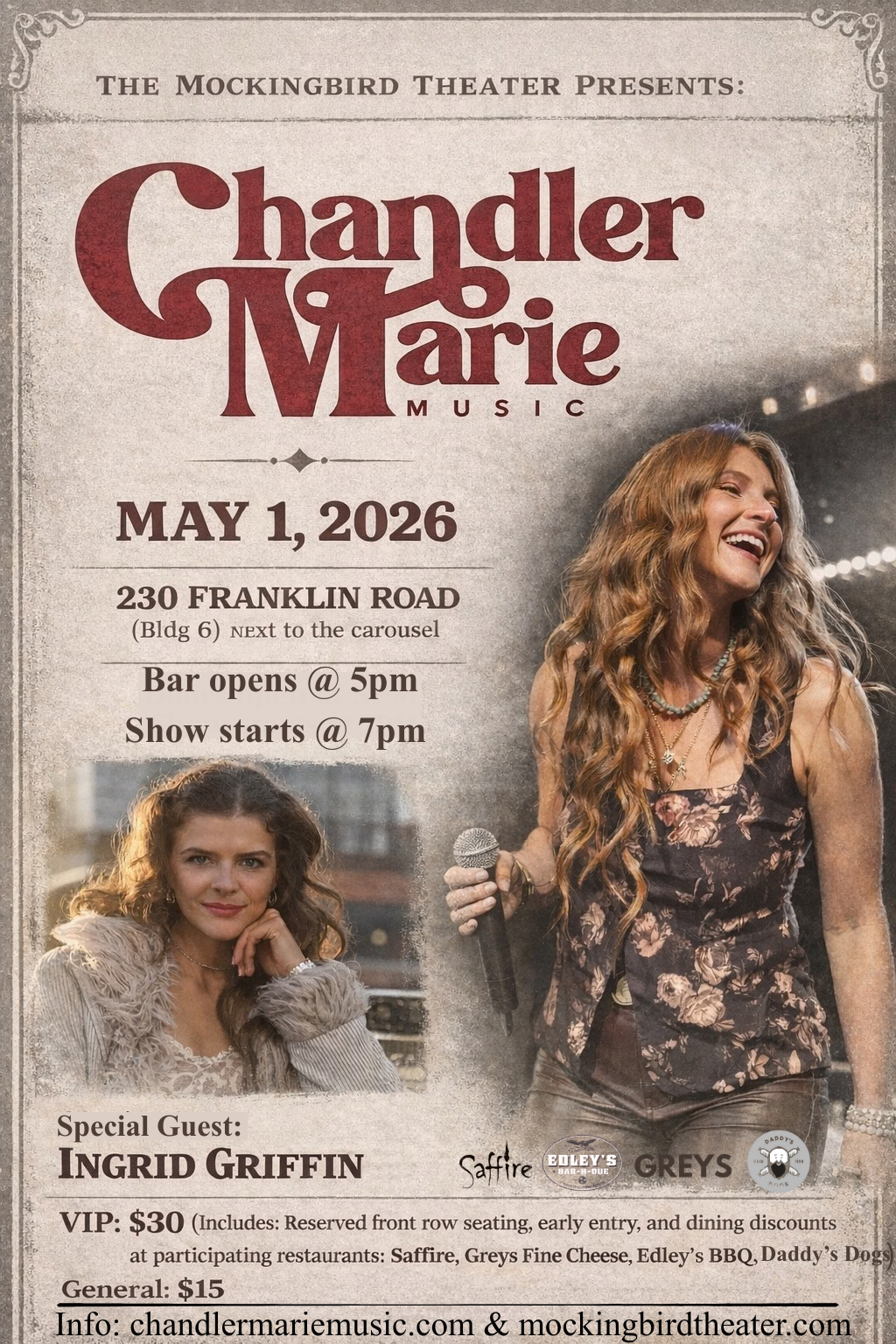 Poster for a music event featuring Chandler Marie at The Mockingbird Theater on May 1, 2026, with special guest Ingrid Griffin. Contains event details, location, and images of two women, one singing on stage and another posing.