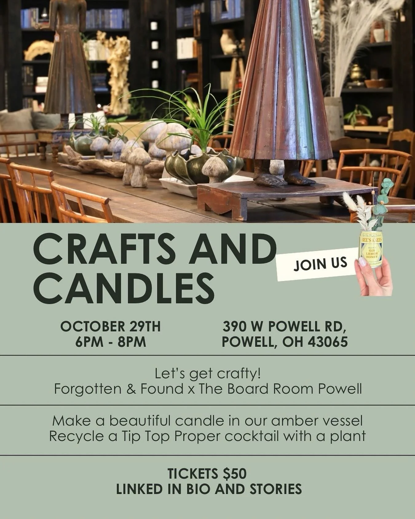 🎃✨ Trick or Treat... for Adults! ✨🎃
⠀⠀⠀⠀⠀⠀⠀⠀⠀
Join @forgotten.and.found and @theboardroompowell for a night of cocktails &amp; crafts with spooky-season vibes 🕯🌿🍸
⠀⠀⠀⠀⠀⠀⠀⠀⠀
Tickets are $50 which includes:
- Custom candle pouring
- Pot your own p