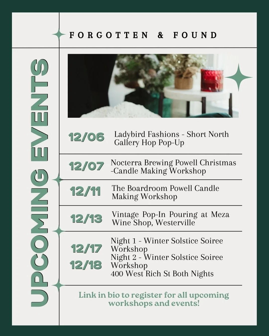 December is about to be PACKED. 

We have so many amazing events, pop-ups, and workshops to share with you. We are getting out the news now!

You can reserve your spot now on our website for any of these events and more details to follow for each soo