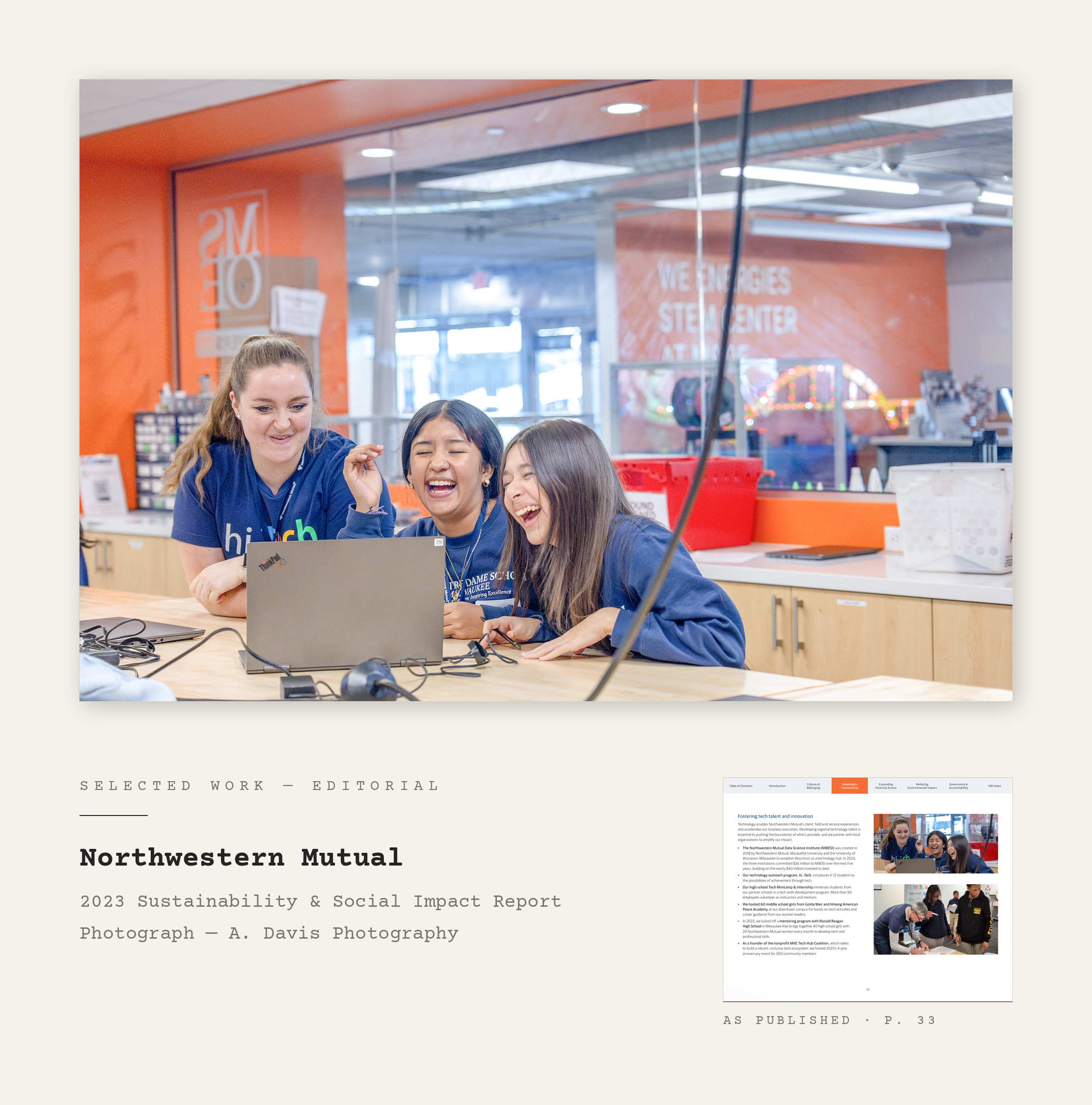 Three students laugh together at a laptop while a Northwestern Mutual mentor looks on inside the WE Energies STEM Center — from the hi, Tech program, featured in NM's 2023 Sustainability & Social Impact Report.