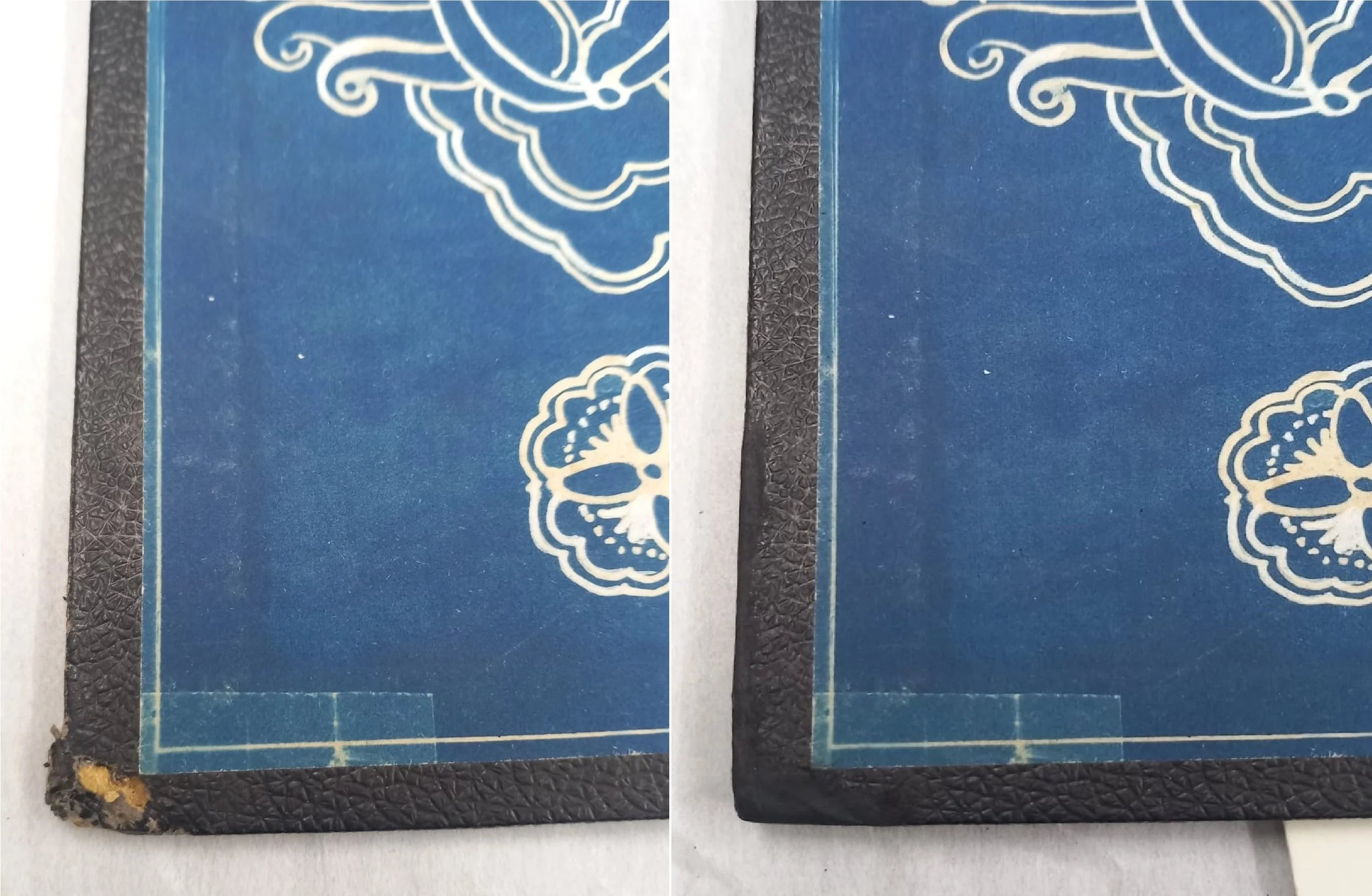 Batik ontwerp uit Indonesië | 33,7 x 31,5 cm | Stichting Nationaal Museum voor Wereldmuseum | Voor en na behandeling van hoeken