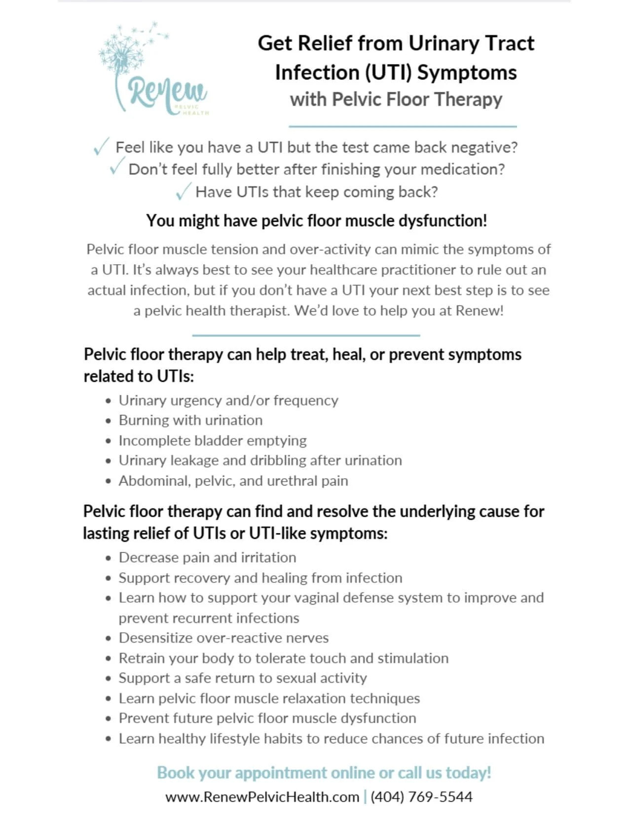 flyer to show patients how pelvic floor therapy can help with UTI symptoms